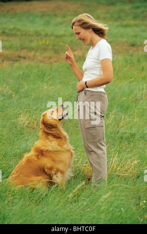 Frau mit Golden Retriever Hund - Hundeerziehung: 'sit down' Stockfoto