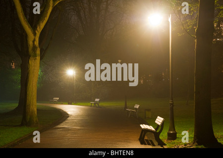 Parkbank in der Nacht, Lnatern, Park, Kurpark, Wiesbaden, Hessen, Deutschland Stockfoto