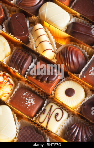Auswahl an leckeren dunklen belgischen Pralinen Stockfoto