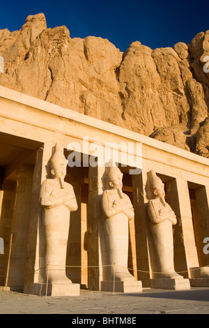 Statuen, die Bewachung der Tempel der Hatschepsut, Deir el-Bahri am Westufer in Luxor bei Sonnenaufgang, Ägypten. Stockfoto