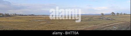 Panoramablick über das Moor Gebiet Hornborgasjön (Hornborgasee), Schweden, wo Tausende von Kranichen jedes Frühjahr ruhen. Stockfoto