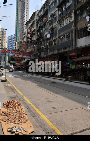 Fisch und Meeresfrüchte, die Trocknung auf einem Bürgersteig Karton Blatt gegenüber Apartment Block Geschäfte, Queens Road West, Hong Kong, China Stockfoto