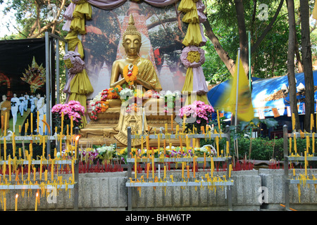 Goldene Buddha-Statue-Schrein mit Kerzen, Bangkok, Thailand. Stockfoto