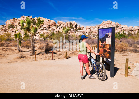 Interpretierende Zeichen und Besucher am Ausgangspunkt der Wanderung zum Barker Dam, Joshua Tree Nationalpark, Kalifornien Stockfoto