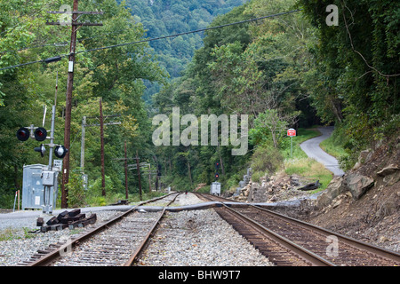 Eisenbahnstrecke in West Virginia USA USA Nordamerika USA Eisenbahnüberquerung von oben aus Sicht des Alltags Niemand Hi-res Stockfoto