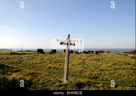 Keymer-Post. Ein Wegweiser aus Holz auf der South Downs Way auf Winchester, Brighton, Eastbourne und Keymer Stockfoto