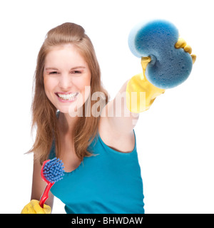 Voll isolierte Studio Bild von einer jungen und schönen Putzfrau Stockfoto