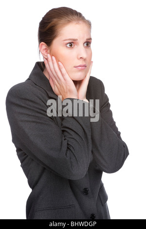 Voll isolierte Studio Bild vom Denken Geschäftsfrau (einen Blick der reine Horror) Stockfoto