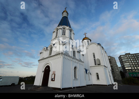 Russisch-orthodoxe Kirche des Erlösers-auf-den - Gewässer in Murmansk, Russland. Stockfoto