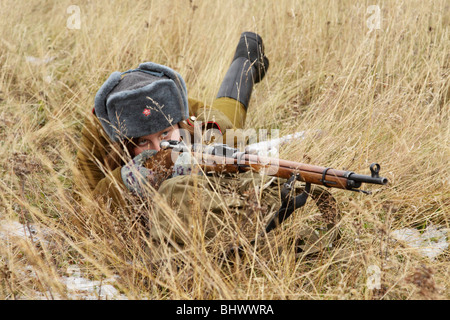 Historische Rekonstruktion der Kämpfe des großen Vaterländischen Krieges. Peshenga, Murmansk Region, Russland, Arktis. 15. Oktober 2009. Stockfoto