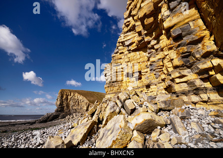 Klippen bei Nash Punkt in South Wales betrachtet von Kalkstein und Tonstein Felsstrand an einem sonnigen Tag. Stockfoto