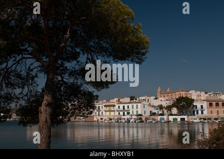 Blick auf Porto Colom mit einem Baum in den Vordergrund und Reflexionen der Boote und Häuser in der Wasseroberfläche Stockfoto