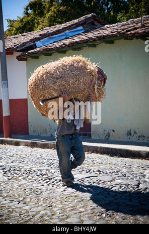 Ein älterer Bauer trägt eine schwere Last auf seinem Rücken, Suchitoto, El Salvador Stockfoto