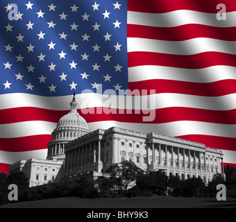 US-Kapitol Washington DC mit geriffelten amerikanische Flagge illustration Stockfoto