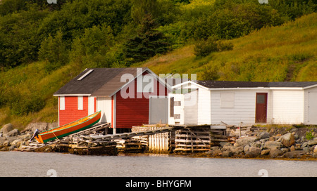 Neufundland, Fishing Village von WOODY POINT BONNE BAY, bunte Bootshäuser entlang der Küste. Gros Morne National Park. Stockfoto