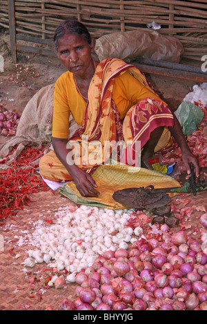 Indische Frau Verkauf von Zwiebeln und Chilis In Kotogada, Orissa Stockfoto