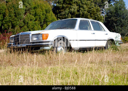 Mercedes Oldtimer im Feld aufgegeben. Eine symbolische Darstellung für die Zukunft der Wirtschaft? Stockfoto