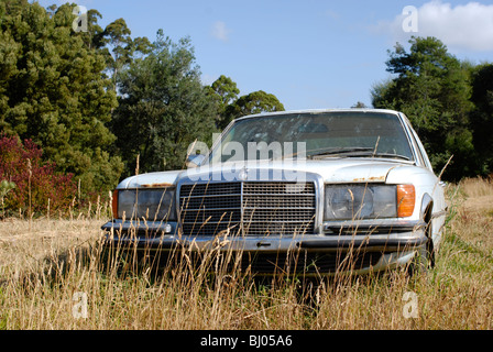 Mercedes Oldtimer im Feld aufgegeben. Eine symbolische Darstellung für die Zukunft der Wirtschaft? Stockfoto