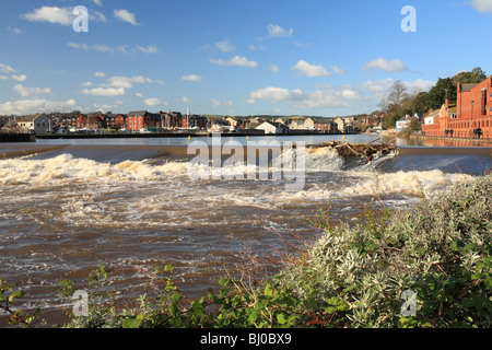 Winter-Blick in Richtung Karottenhosenträger Weir, River Exe in Flut nach den letzten Regen Stockfoto