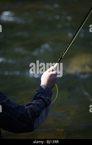 CLOSEUP HAND- UND ARMBEWEGUNGEN FLY FISHERMAN ZEIGT RICHTIGE TECHNIK FÜR HOLDING FLY ROD TOCCOA FLUSS GEORGIENS Stockfoto