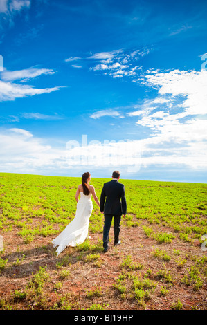 Braut und Bräutigam zusammen im Feld spazieren Stockfoto