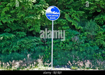 Tsunami Rettungsweg Schild, Ucluelet, Vancouver Island, British Columbia, Kanada Stockfoto