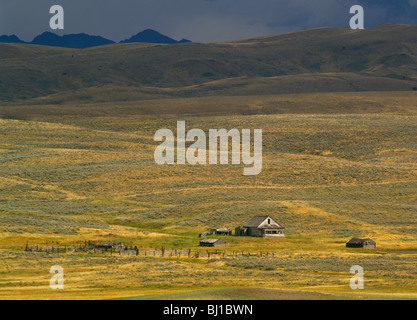 Verlassene Ranch-Haus, Korallen und Nebengebäude, Ausläufer der Crazy Mountains, Schilde Valley, Montana, USA Stockfoto