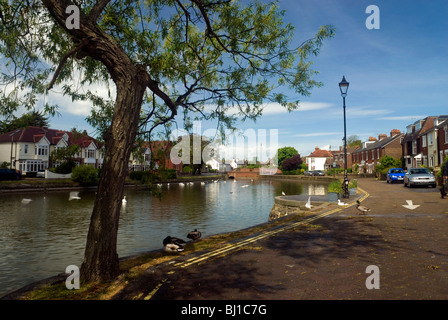 Der Fluss Ems und Gezeiten Mühlenteich in Emsworth mit terrassenförmig angelegten Gehäuse neben Stockfoto