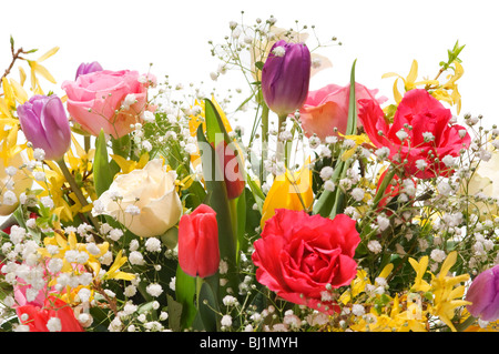 Strauß Frühlingsblumen in klarem Glasvase als einen Ausschnitt gegen weiße Studio-Hintergrund isoliert Stockfoto