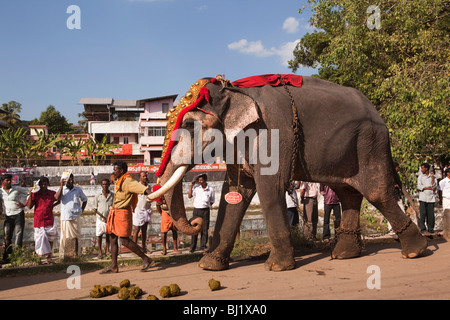 Indien, Kerala, Adoor, Sree Parthasarathy Tempel, Gajamela Festival, geschmückten Elefanten und Mahout Beitritt rituelle Prozession Stockfoto