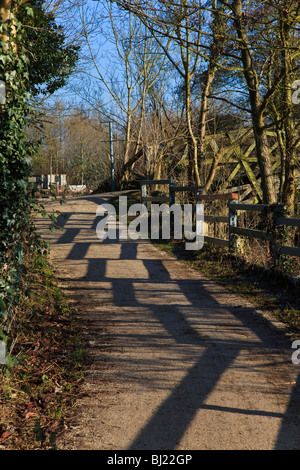 Die Thames Path an Iffley Sperren in der niedrigen Winter Morgensonne, Schattenwurf vom Zaun, Oxford, Oxfordshire, Vereinigtes Königreich Stockfoto