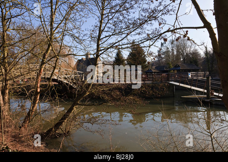 Iffley Lock und Mathematical Bridge gesehen durch die Winterbäume aus der Thames Path, Oxford, Oxfordshire, Vereinigtes Königreich Stockfoto