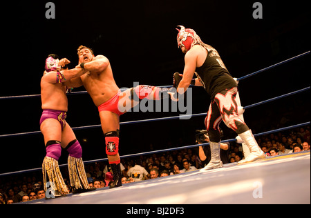 Ringer führen bei einer Lucha Libre-Veranstaltung in der Arena Mexiko, Mexiko-Stadt, 15. Juli 2008. Stockfoto