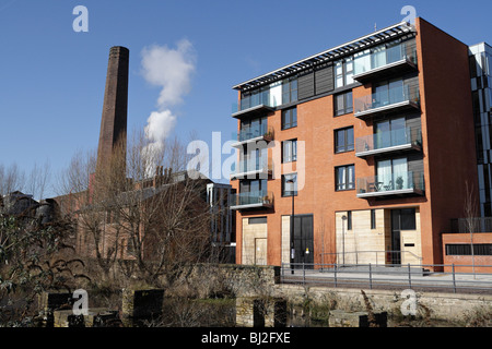 Moderne Appartements und alter industrieller Schornstein auf Kelham Island in Sheffield England, Wohnhaus für Stadterneuerung Stockfoto