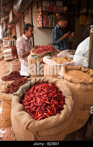 Indien, Kerala, Calicut, Kozhikode, Big Bazaar, Säcke getrocknete rote Chilischoten auf dem Display im Großhandel shop Stockfoto