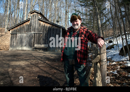 Bauer im Wald Lebensmittelproduktion und Ahornsirup oder Ahornsirup Ernte in Nordontario; Kanada; Nord-Amerika Stockfoto