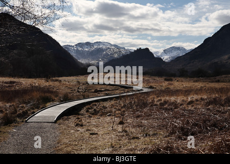 Einem erhöhten Fußweg oder Promenade hergestellt aus recyceltem Kunststoff am südlichen Ende des Derwent Water im englischen Lake district Stockfoto