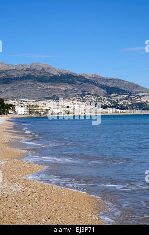 Strand, Kiesel, Küste, Meer, Altea, Costa Blanca, Alicante Provinz, Spanien, Europa Stockfoto