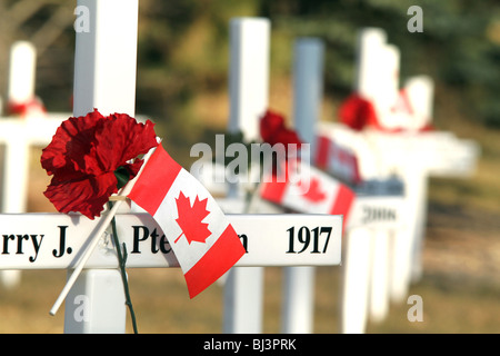 Eine kanadische Flagge sitzt am Kreuz eines gefallenen Soldaten an einem Denkmal für Erinnerung-Tag in Calgary, Alberta, Kanada. Stockfoto