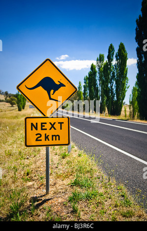Kangaroo Road Schild Outback Australia // OUTBACK, Australia — Ein gelbes, diamantförmiges Straßenschild mit einem springenden Känguru steht vor dem Hintergrund der trockenen australischen Landschaft. Das legendäre Warnschild warnt Fahrer vor Wildtieren auf der abgelegenen Outback Road. Stockfoto