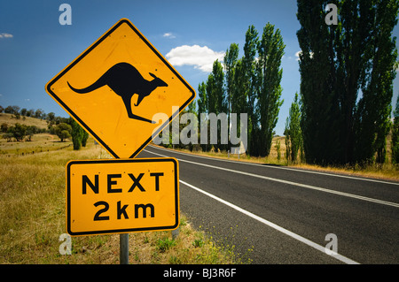 Kangaroo Road Schild Outback Australia // OUTBACK, Australia — Ein gelbes, diamantförmiges Straßenschild mit einem springenden Känguru steht vor dem Hintergrund der trockenen australischen Landschaft. Das legendäre Warnschild warnt Fahrer vor Wildtieren auf der abgelegenen Outback Road. Stockfoto