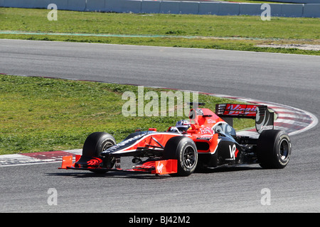 Timo Glock fahren für das Jahr 2010 F1 Virgin Racing Team auf der Rennstrecke Montmelo, Barcelona, Spanien Stockfoto