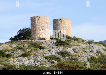 Historische Windmühlen, Berg, Gata de Gorgos, Javea, Costa Blanca, Alicante Provinz, Spanien, Europa Stockfoto