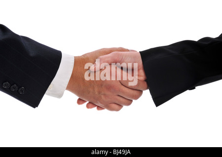 Handshake zwischen einem Geschäftsmann und eine Geschäftsfrau, die isoliert auf weiss Stockfoto
