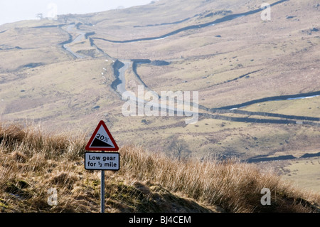 Einen steilen Hügel Straßenschild an der Spitze der Straße von Ambleside Kirkstone Pass im Lake District, bekannt als The Struggle Stockfoto