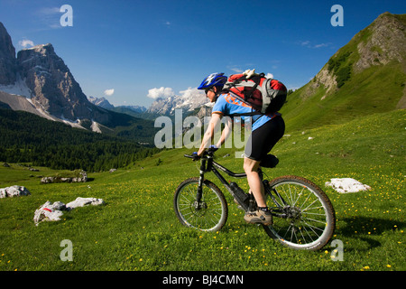 Mountainbike-Fahrer auf der Abfahrt von Forcella Ambrizzola Berg, Südtirol, Italien, Europa Stockfoto