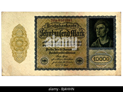 Eine Reichsbanknote Rechnung der Zentralbank vor mehr als zehntausend Mark, Berlin, Vorstand der Zentralbank Deutschlands, Janua Stockfoto