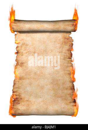 Brennen von Vintage Roll Pergament Hintergrund isoliert Silhouette auf weiß Stockfoto