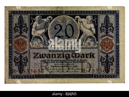 Vorderseite einer Reichsbanknote Rechnung der Zentralbank über 20 Mark, Berlin, Vorstand der Zentralbank von Deutschland, 4. November 19 Stockfoto