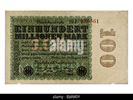 Vorderseite einer Reichsbanknote Stückliste der Zentralbank über 100 Millionen Mark, Berlin, Deutschland, 22. August 1923 Stockfoto